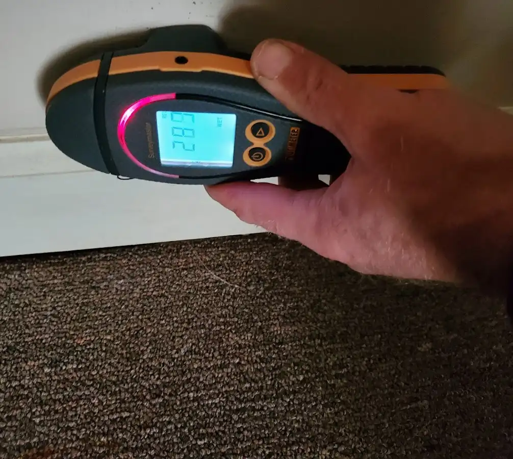 Moisture detection at baseboard during Storm Damage Restoration in Carnegie